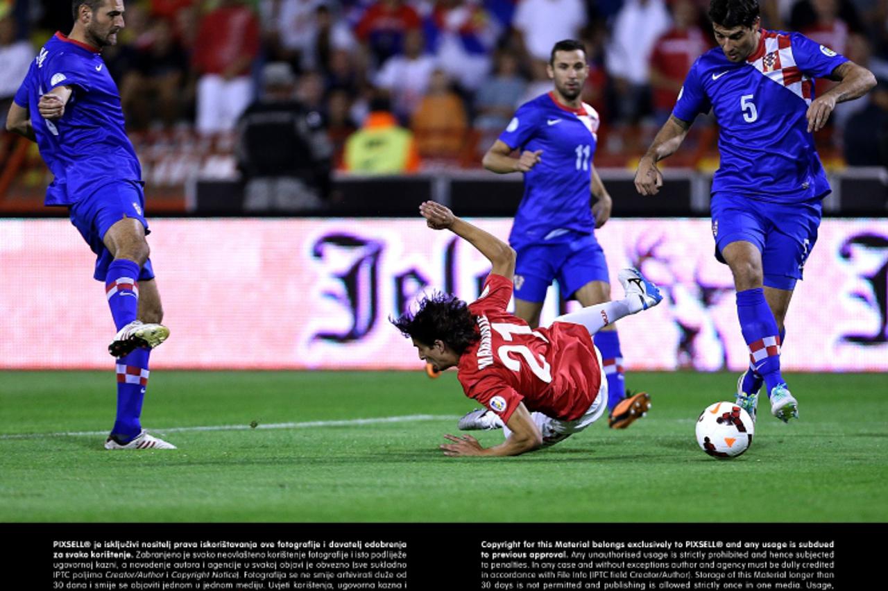 '06.09.2013., Stadion Crvena zvezda, Beograd - Kvalifikacijska nogometna utakmica za Svjetsko prvenstvo 2014. u Brazilu, skupina A, Srbija - Hrvatska. Josip Simunic, Vedran Corluka, Lazar Markovic.  P