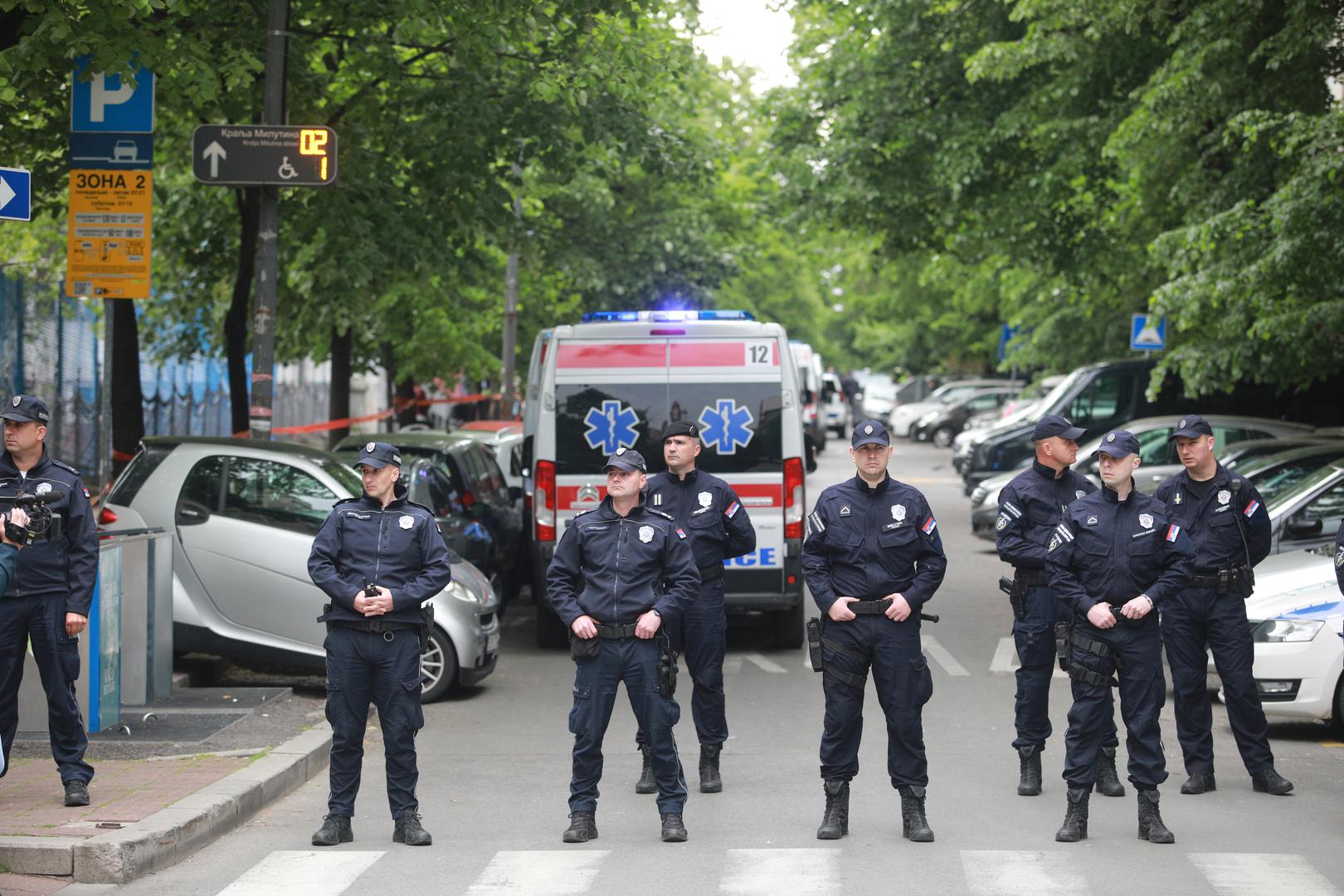 03, May, 2023, Belgrade - A student of the seventh grade of the Elementary School "Vladislav Ribnikar" is suspected to have fired a pistol at the security guard, the teacher and the students this morning.   03, maj, 2023, Beograd - Ucenik sedmog razreda Osnovne skole "Vladislav Ribnikar" kako se sumnja, pucao je jutros iz pistolja na obezbeđenje, nastavnicu i ucenike.    Photo: Milos Tesic/ATAImages/PIXSELL