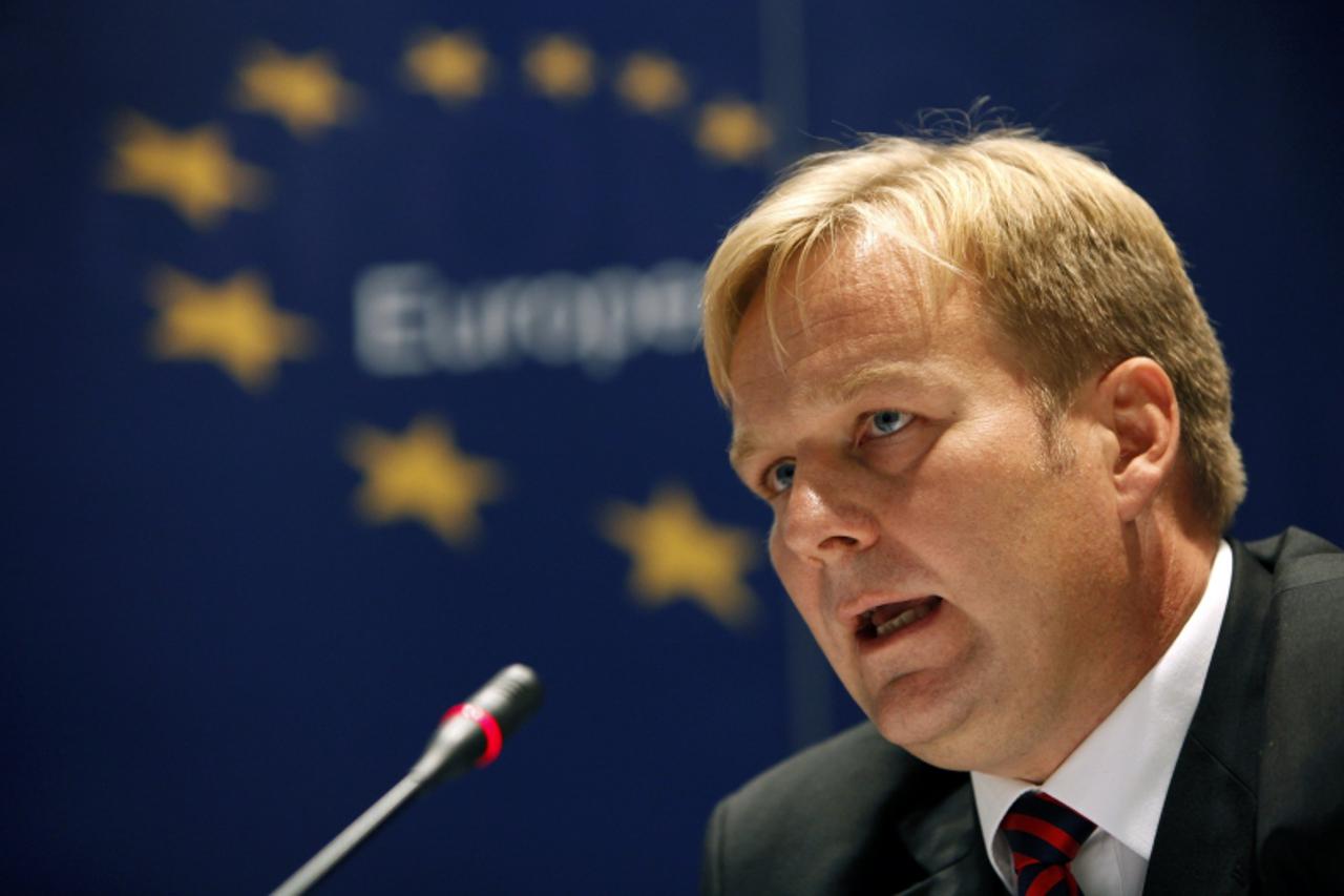 'Danish diplomat Peter Sorensen, new chief of EU delegation in BiH and special representative for EU in BiH, speaks during a news conference in Sarajevo, September 09, 2011. REUTERS/Dado Ruvic (BOSNIA