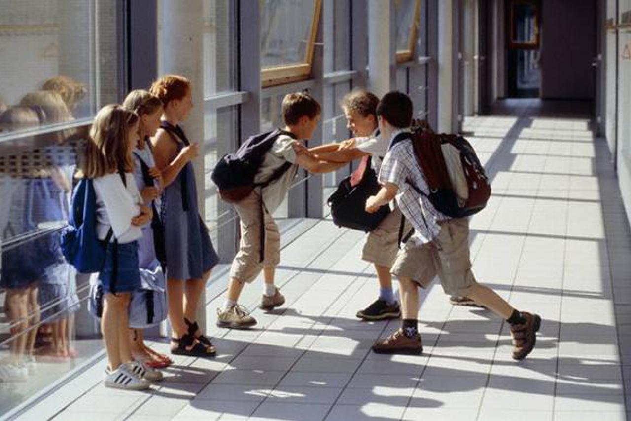 Girls looking at group of pupils fighting in school --- Image by © Heide Benser/zefa/Corbis