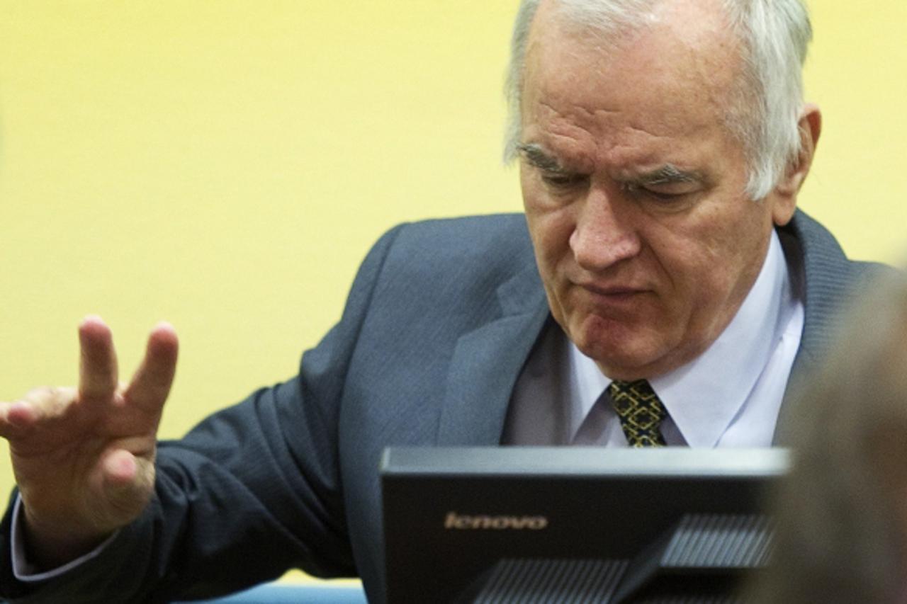 'Former Bosnian Serb army commander Ratko Mladic attends his trial at the International Criminal Tribunal for the former Yugoslavia (ICTY) at The Hague May 16, 2012. Mladic, 70, appeared on Wednesday 