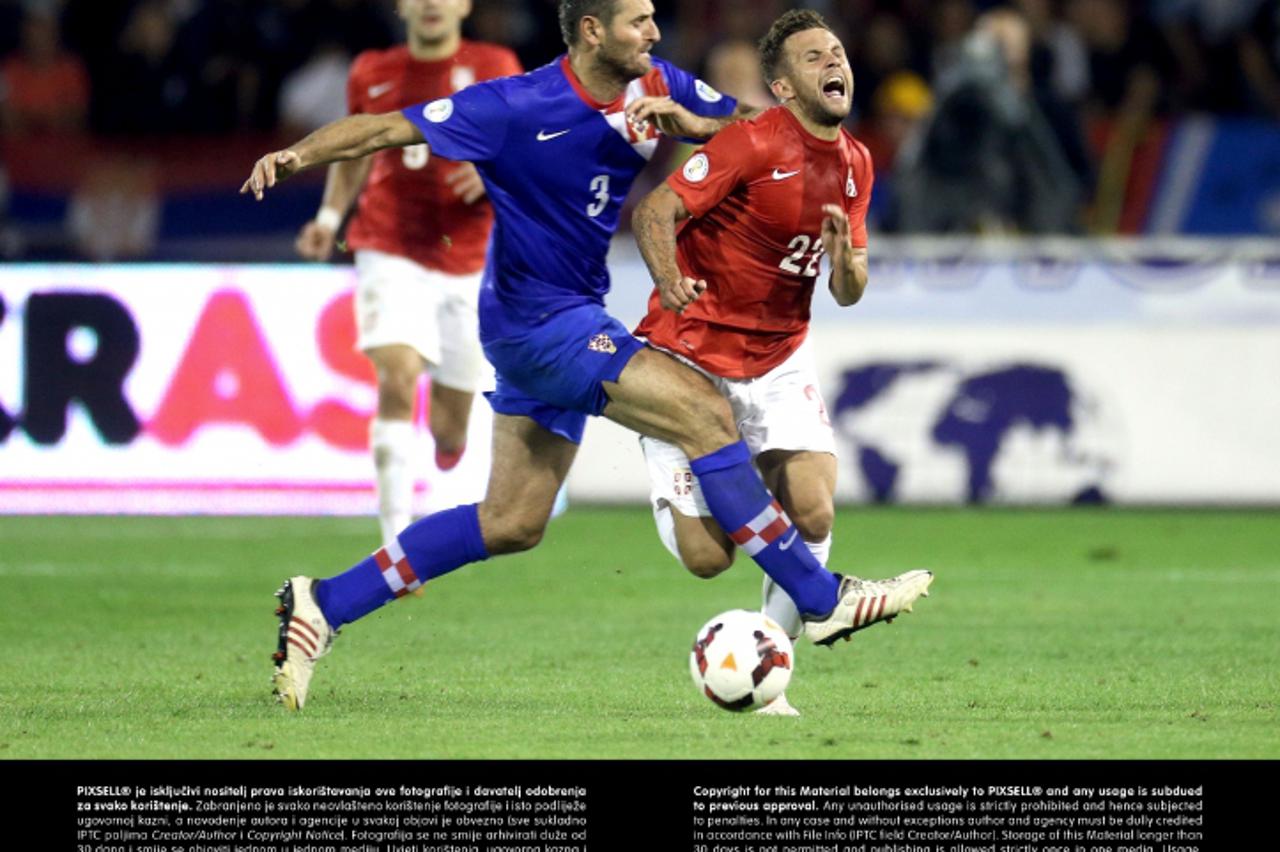 '06.09.2013., Stadion Crvena zvezda, Beograd - Kvalifikacijska nogometna utakmica za Svjetsko prvenstvo 2014. u Brazilu, skupina A, Srbija - Hrvatska. Josip Simunic, Miralem Sulejmani Photo: Marko Luk