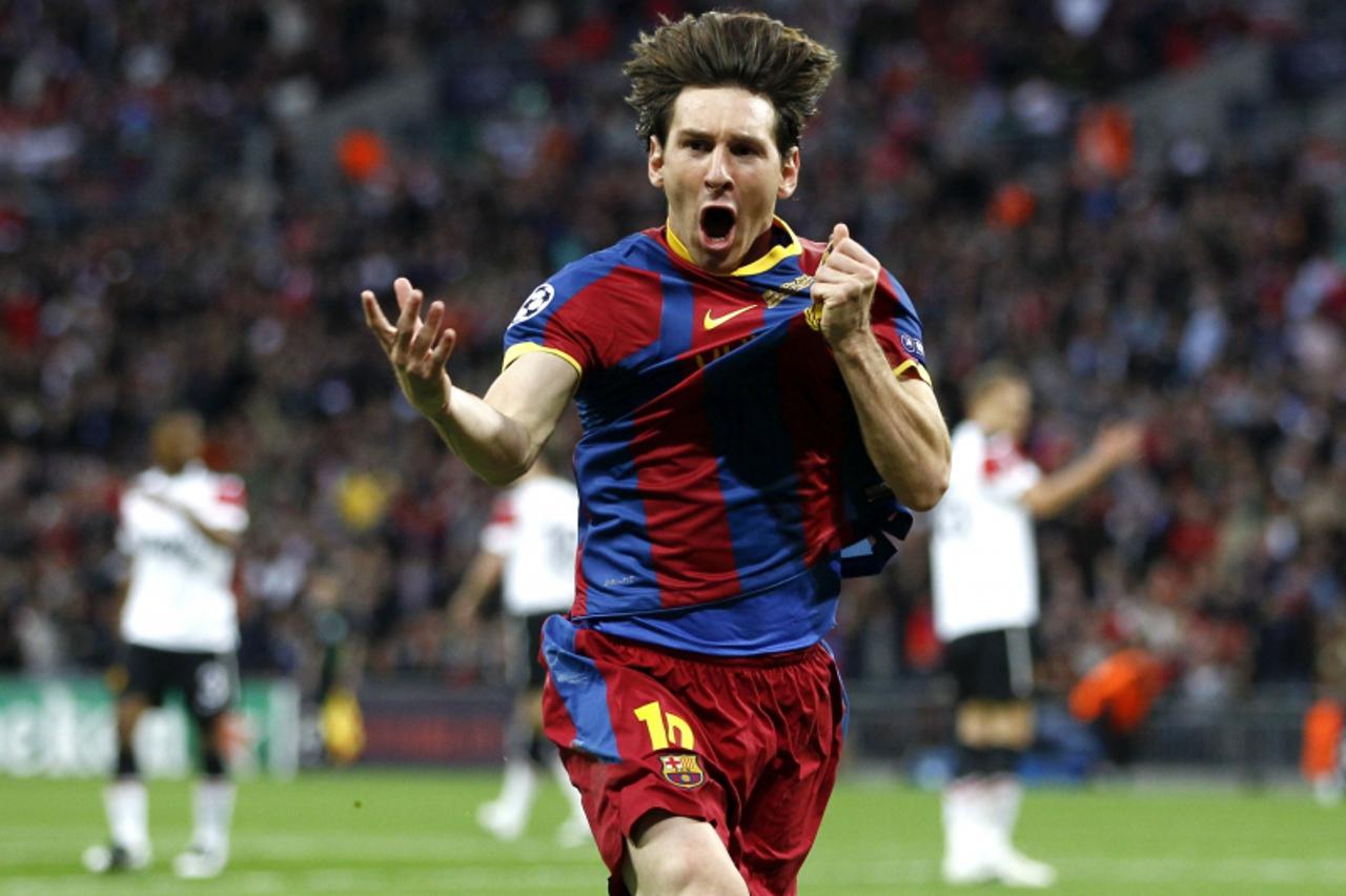 'PUBLICATION EMBARGOED UNTIL 0001GMT FEBRUARY 9, 2012 Barcelona\'s Lionel Messi is seen celebrating a second goal against Manchester United during their Champions League final soccer match at Wembley 