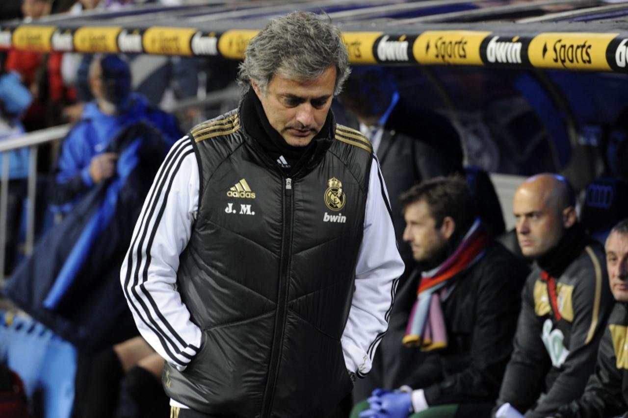 \'Real Madrid\'s Portuguese coach Jose Mourinho gestures during the Spanish King\'s Cup football match Real Madrid CF vs Ponferradina on December 20, 2011 at the Santiago Bernabeu stadium in Madrid.  