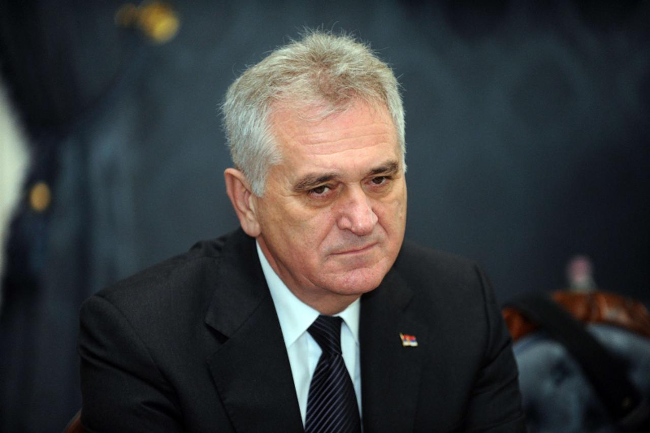 'Serbia's President Tomislav Nikolic listens during a joint press conference with his Hungarian counterpart in the Blue Hall of the presidental palace in Budapest, Hungary on November 13, 2012 . The 