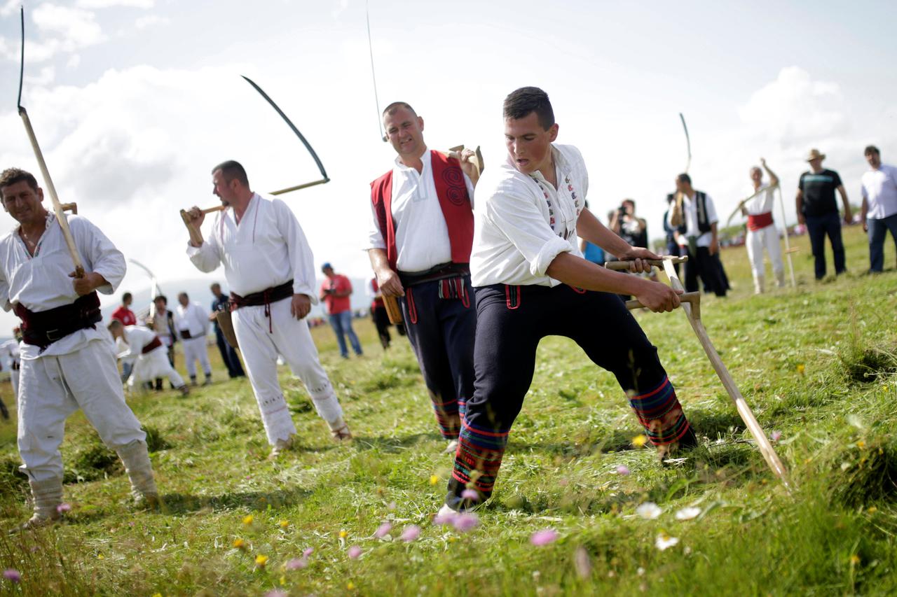 Participants mow grass during the 