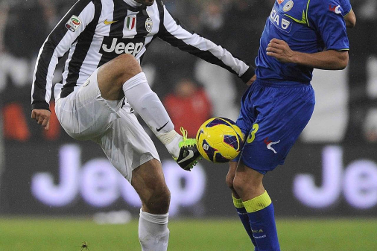 'Juventus\' Mirko Vucinic (L) and Udinese\'s Allan Marques Loureiro fight for the ball during their Italian Serie A soccer match at the Juventus stadium in Turin January 19, 2013. REUTERS/Giorgio Pero