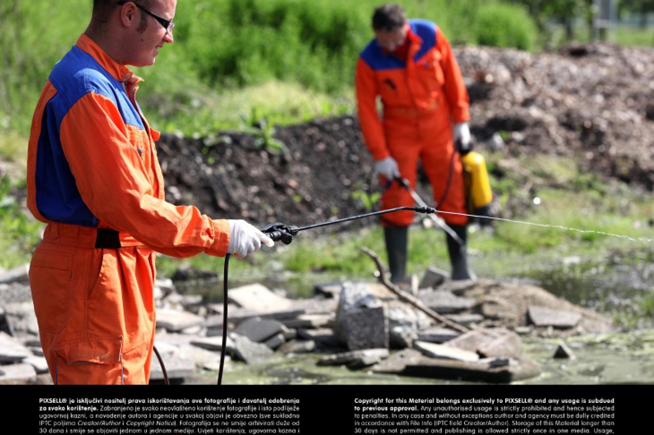 '08.05.2013., Zagreb - Radnici tvrtke Eko deratizacija poceli su danas unistavanje komaraca na jezeru Jarun. Zbog vremenskih uvjeta ove godine broj komaraca uz vlazna podrucja je jako veliki. Photo: P