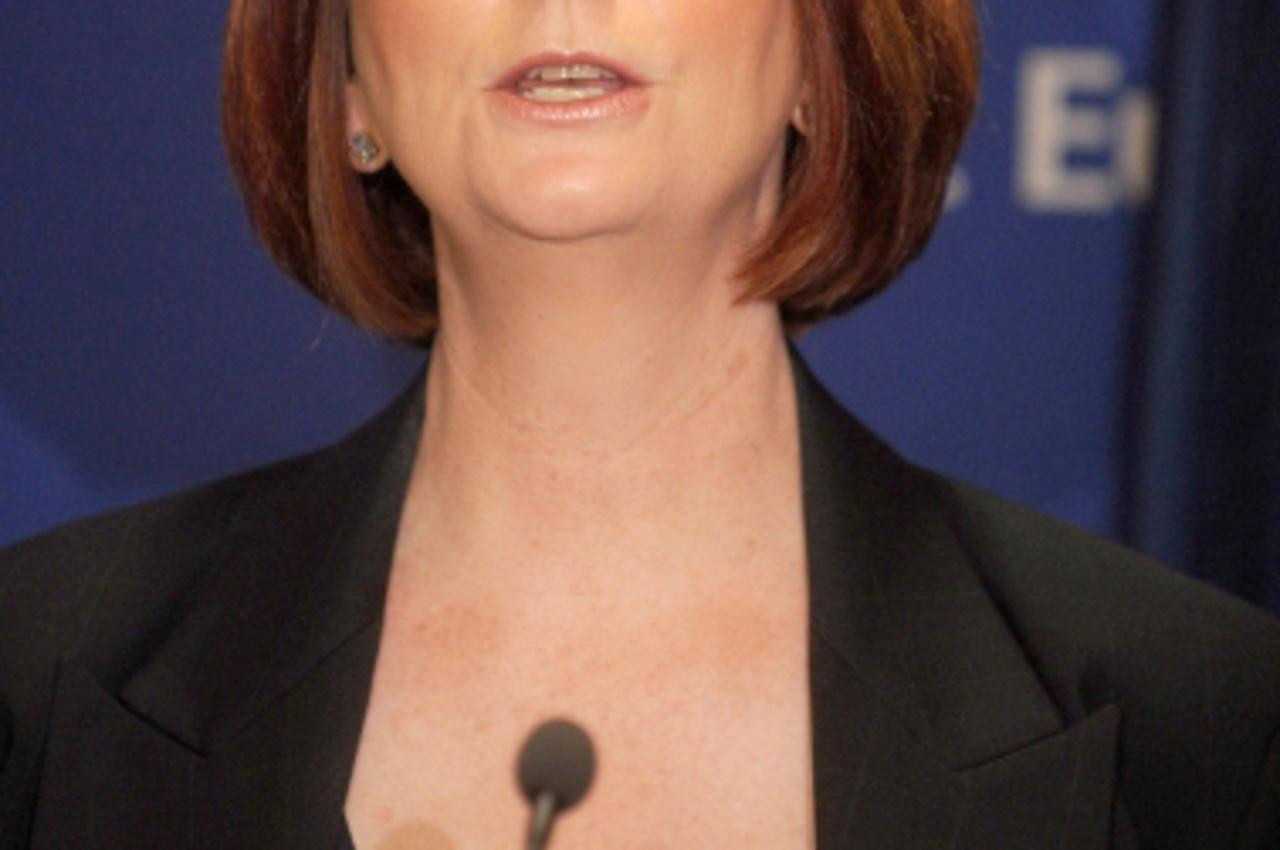 'Julia Gillard MP, Prime Minister of Australia, at a news conference during her visit to the New York Stock Exchange, in New York. Photo: Press Association/Pixsell'