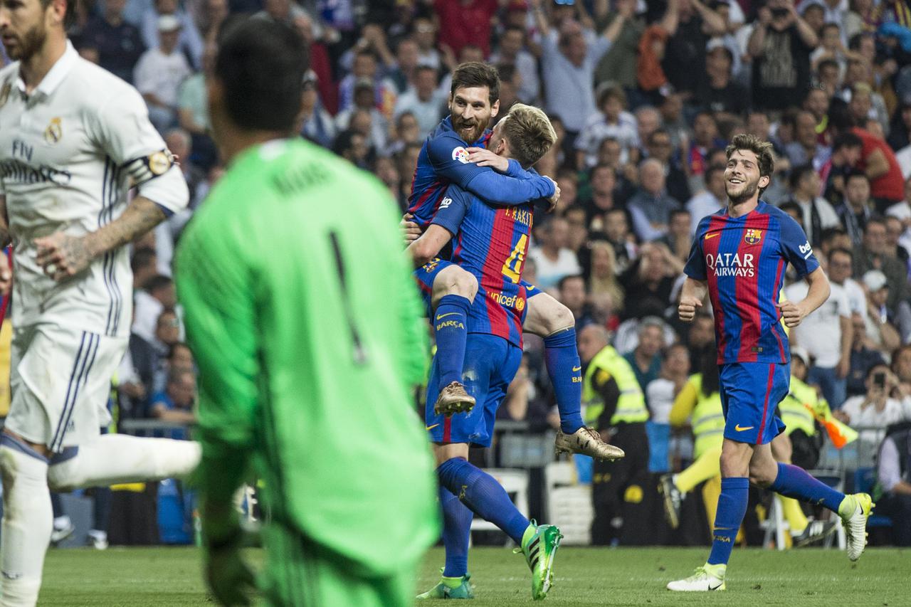 Ivan Rakitic and Leo Messi  of FC Barcelona celebrates after scoring a goal during the match of La Liga between Real Madrid and Futbol Club Barcelona at Santiago Bernabeu Stadium  in Madrid, Spain. April 23, 2017. (Foto © nph / ) /PIXSELL