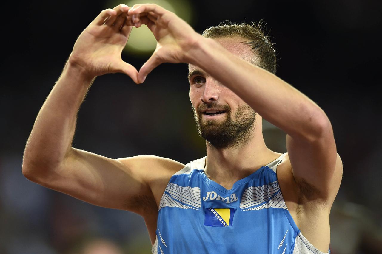 Amel Tuka of Bosnia-Herzegovina gestures after his men's 800 metres semi-final at the 15th IAAF World Championships at the National Stadium in Beijing, China August 23, 2015.  REUTERS/Dylan Martinez
