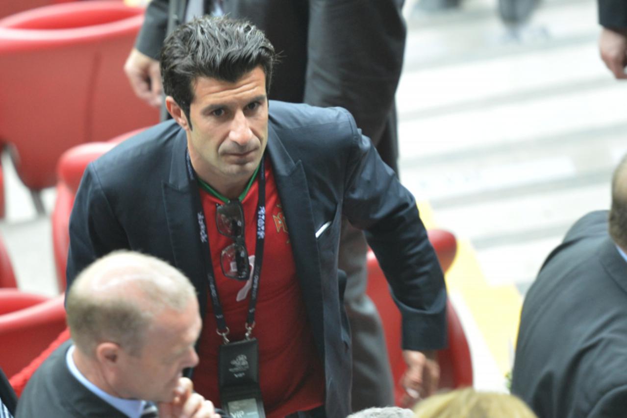 'Portugal football legend Luis Figo is pictured at half time during the Euro 2012 football championships quarter-final match between the Czech Republic and Portugal on June 21, 2012 at the National St