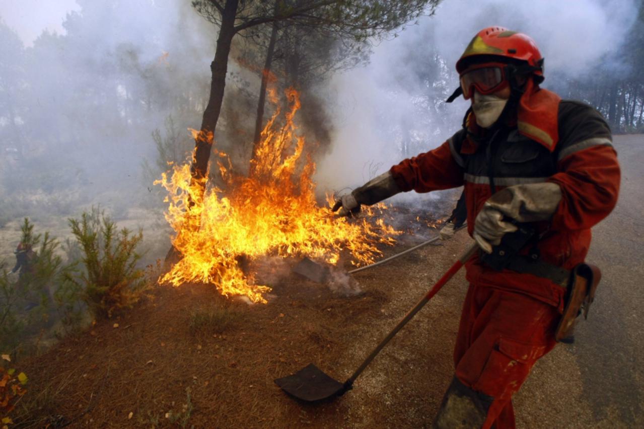 'REFILE - ADDING ADDITIONAL INFORMATION  A firefighter tries to control a wildfire outside the village of Torremanzanas, near the Spanish town of Alicante, eastern Spain, August 12, 2012. One person w