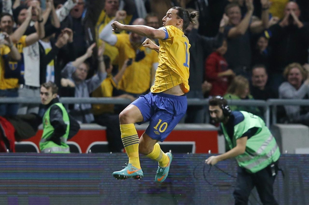 'Sweden\'s Zlatan Ibrahimovic celebrates after scoring against England during  their international friendly soccer match at the Friends Arena in Stockholm November 14, 2012.     REUTERS/Phil Noble (SW