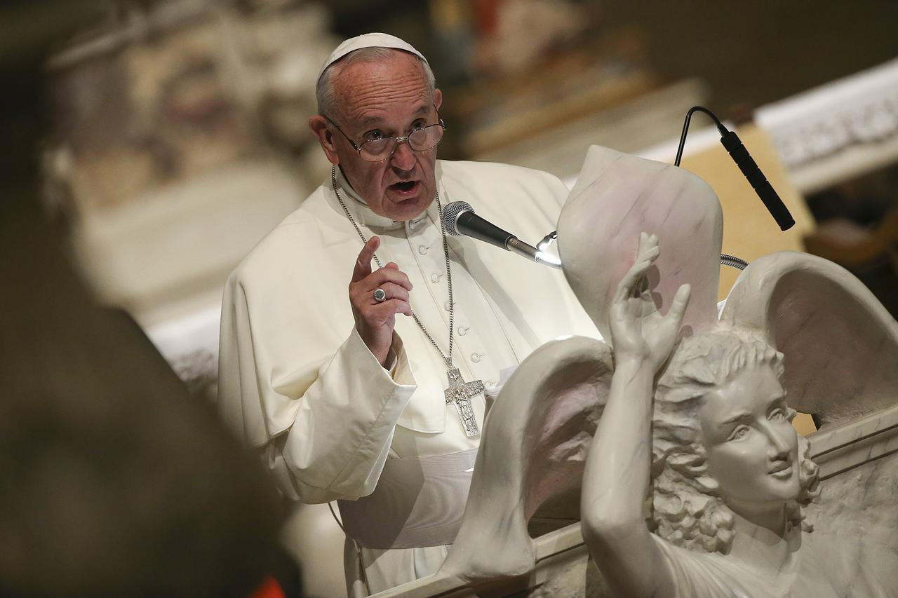 Pope Francis talks during a meeting with bishops in the baptistery of the cathedral of Florence during his pastoral visit November 10, 2015. REUTERS/Alessandro Bianchi