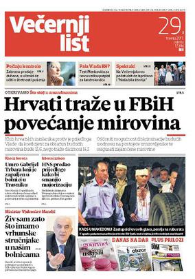 Večernji list BiH, naslovnica, 29. travnja 2017.