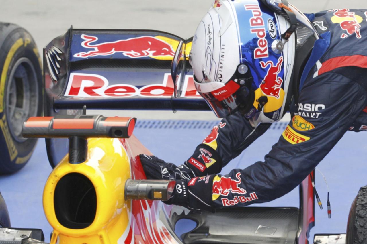 'Red Bull Formula One driver Sebastian Vettel of Germany strokes his car after winning the South Korean F1 Grand Prix at the Korea International Circuit in Yeongam October 14, 2012. REUTERS/Lee Jae-Wo